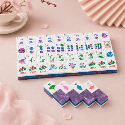 [1] Women's Luxury Collectible 4-Ply Acrylic Crystal Amethyst Purple Mahjong Tiles Set-Inlaid Design,Dual Digit-Letter Printed Floral Fan Tile Face,Glossy Finish,Rounded Edges,Comfortable Grip,Elegant Celadon Side Profile,Ideal for Women's Parties,Gifting