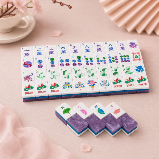 [1] Women's Luxury Collectible 4-Ply Acrylic Crystal Amethyst Purple Mahjong Tiles Set-Inlaid Design,Dual Digit-Letter Printed Floral Fan Tile Face,Glossy Finish,Rounded Edges,Comfortable Grip,Elegant Celadon Side Profile,Ideal for Women's Parties,Gifting